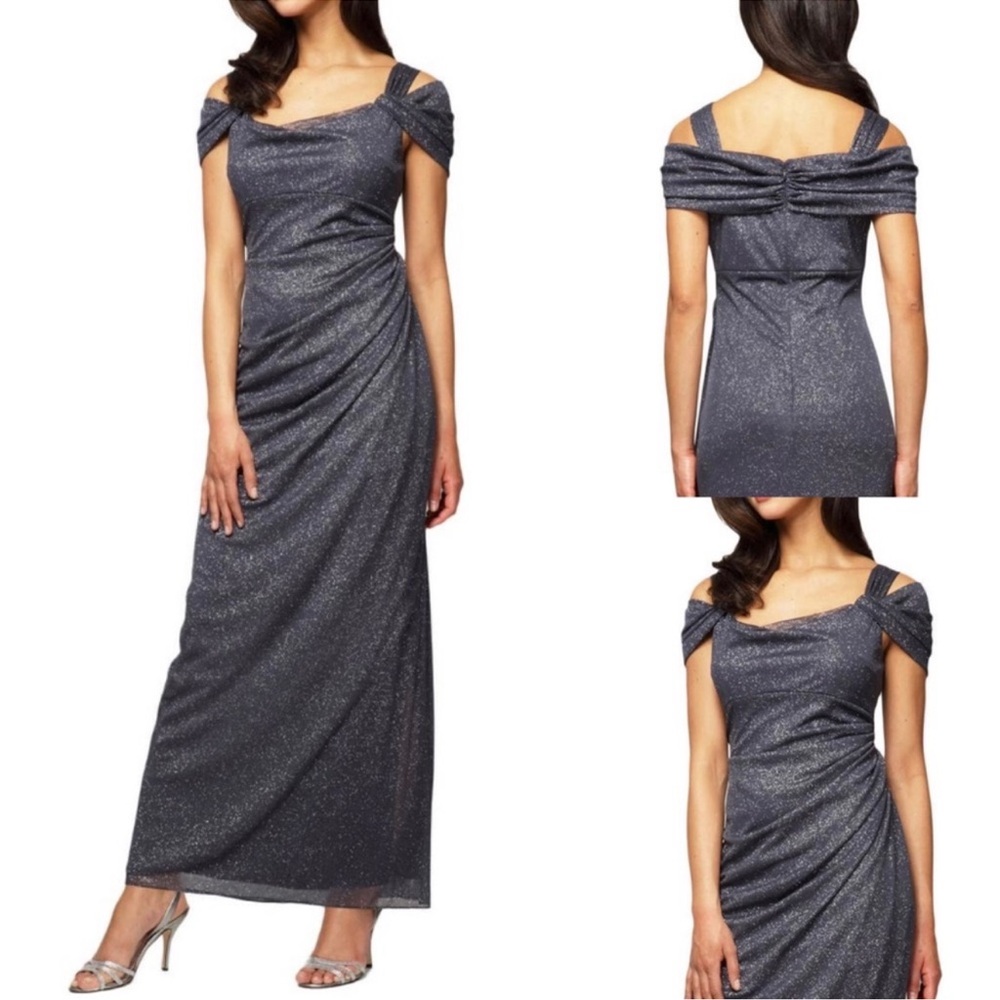 Alex Evenings Glitter Mesh Cowl Neck Cold Shoulder Cap Sleeve Dress 12P